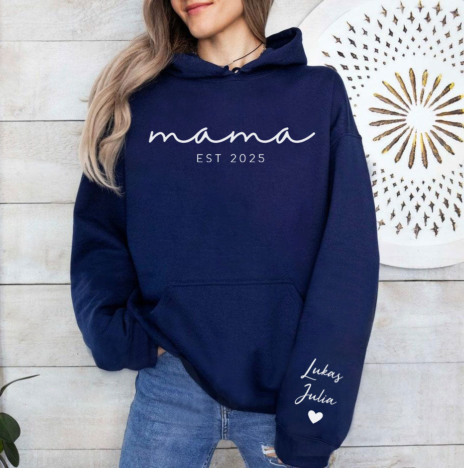 Personalisiertes Mama-Sweatshirt mit Namen der Kinder auf dem Ärmel, Est.-Datum Mama-Outfit