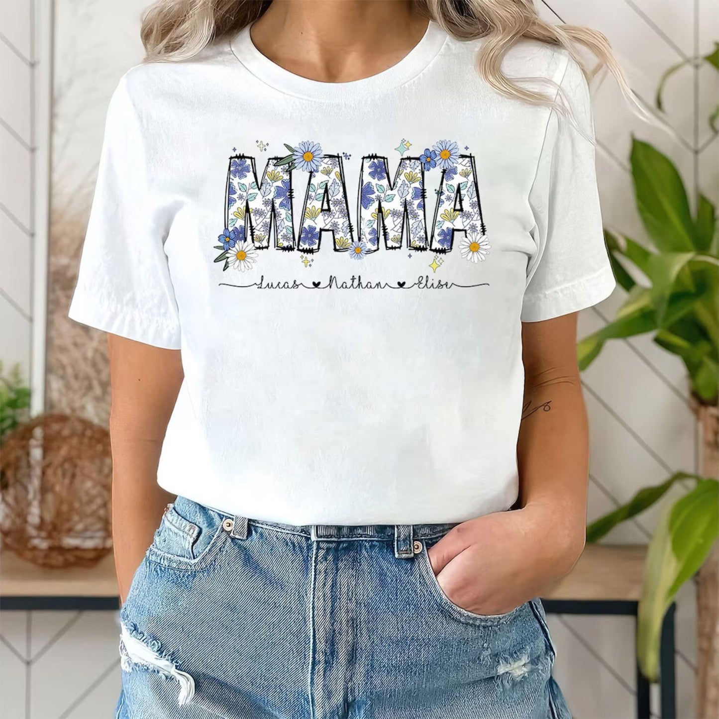 Personalisiertes Blumen Mama Shirt, Retro Blumen Mama Shirt mit Kindernamen