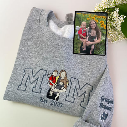 Mama-Sweatshirt mit Foto – Personalisierter Bestickter Hoodie Mama-und-Kinder-Porträt