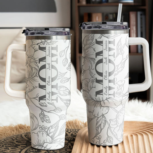 Personalisierter 40oz-Tumbler mit Blumen und Kindernamen – Geschenk zum Muttertag