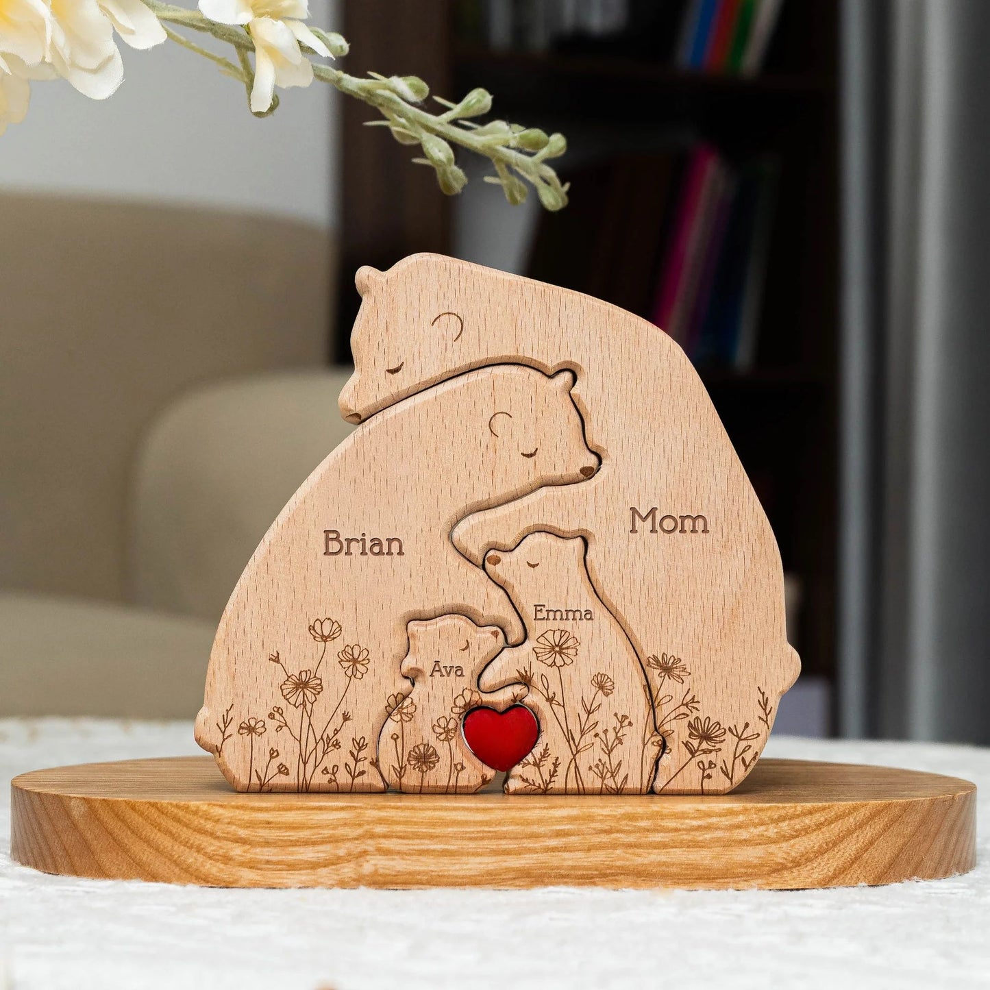 Umarmende Bärenfamilie Blumen-Version - Personalisierbares Holzpuzzle der Bärenfamilie