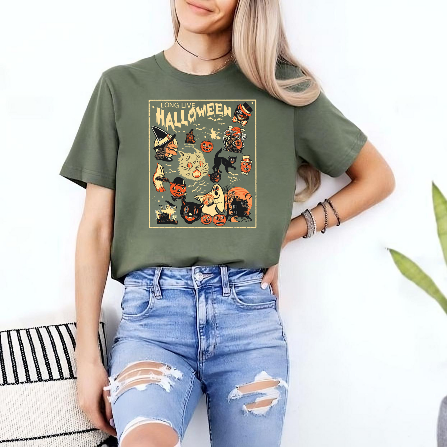 Retro-Halloween-T-Shirt mit Kürbis und Schwarzer Katze - Geschenk für Herbstliebhaber