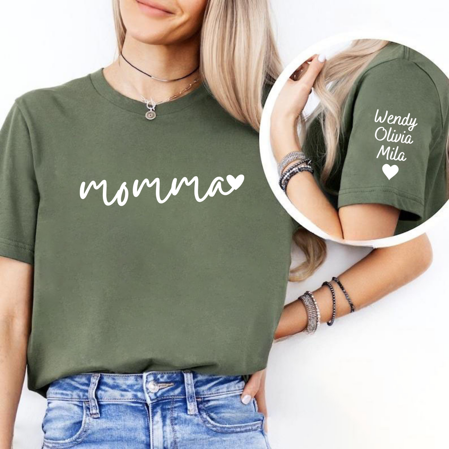 Personalisiertes Momma-Sweatshirt mit Kindernamen auf dem Ärmel – Geschenk für Mütter