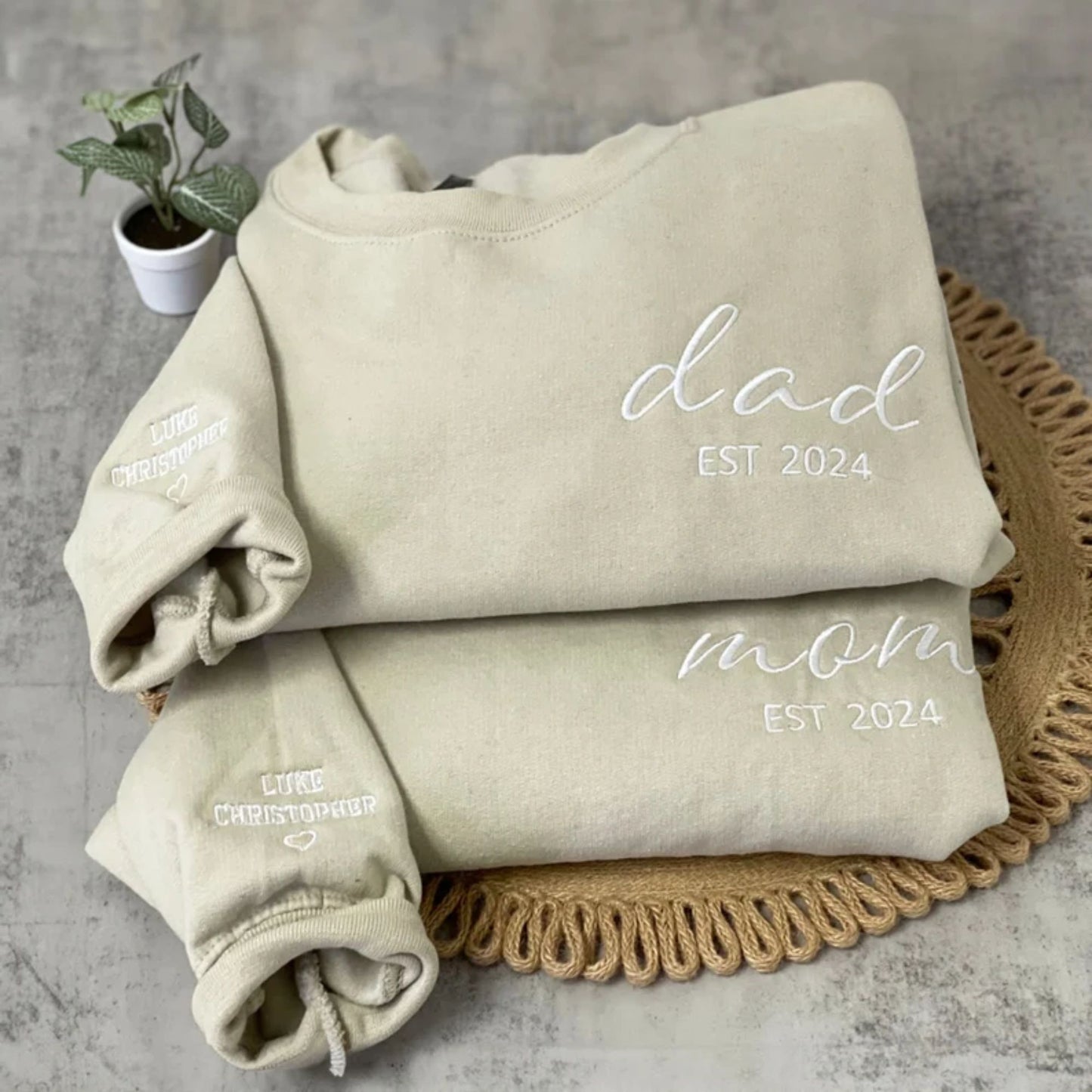 Personalized Embroidered Mom, Dad Crewneck with Kids Names On Sleeve