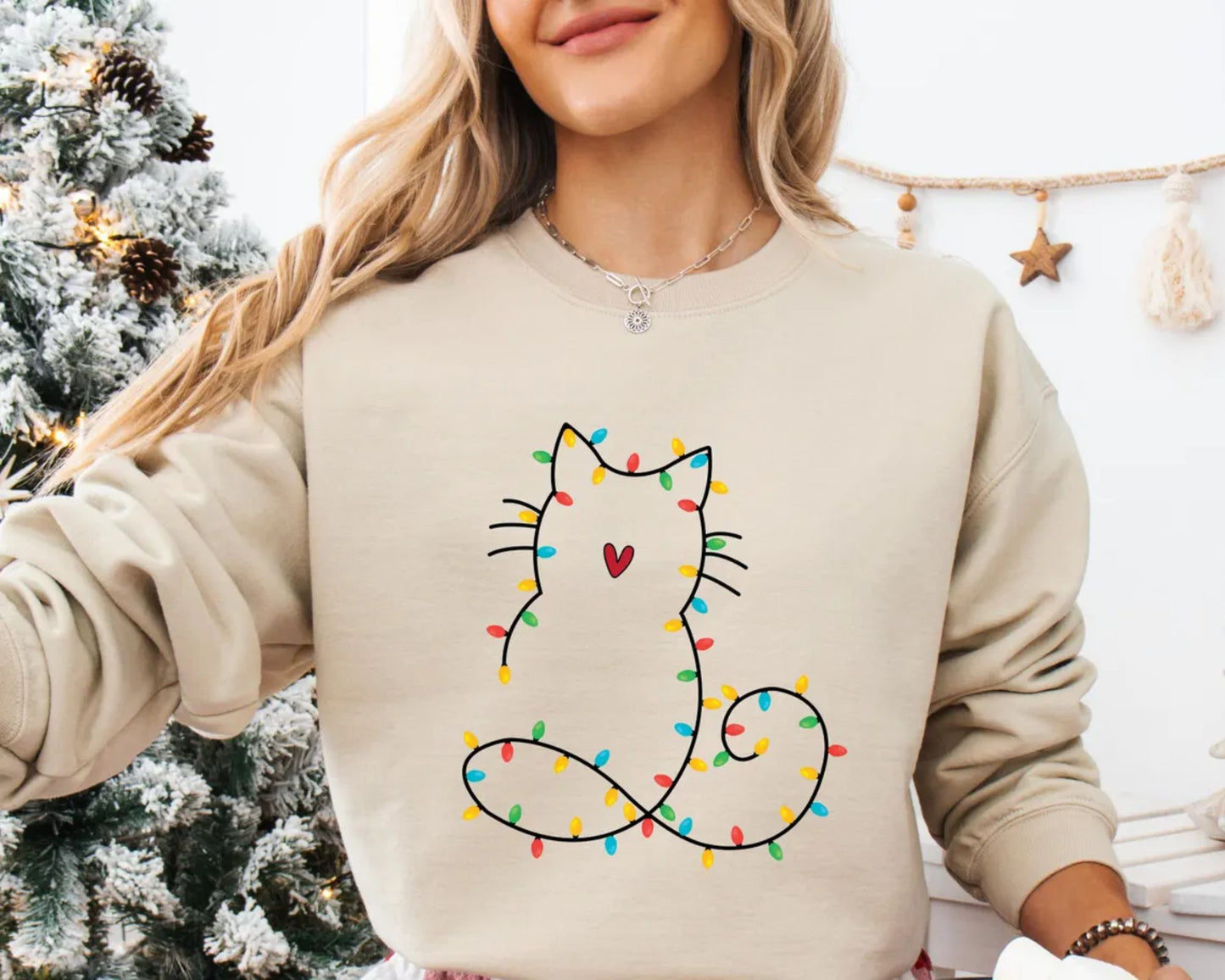 Katzen-Weihnachtslichter-Sweatshirt, Weihnachtsgeschenk für Katzenmama