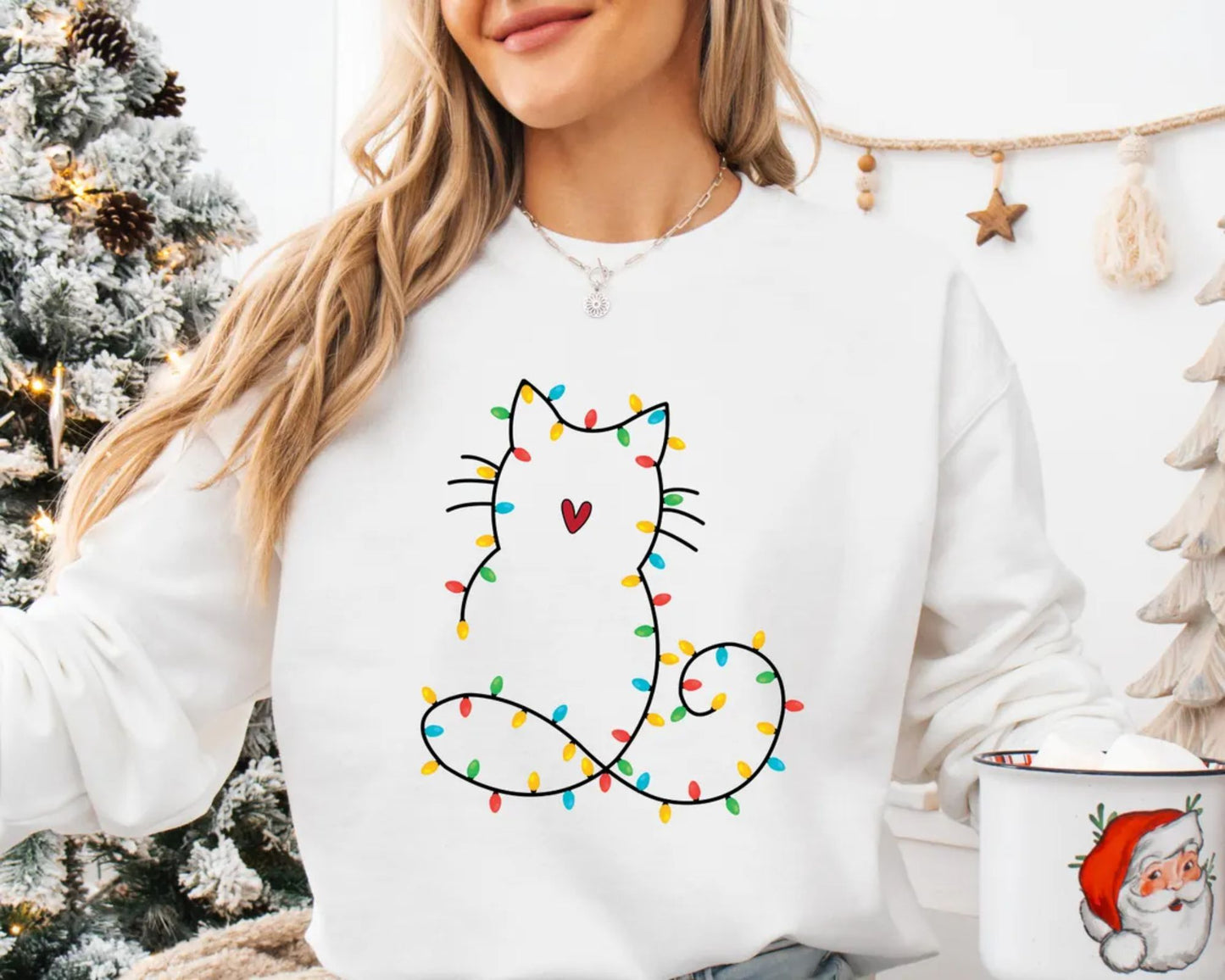Katzen-Weihnachtslichter-Sweatshirt, Weihnachtsgeschenk für Katzenmama