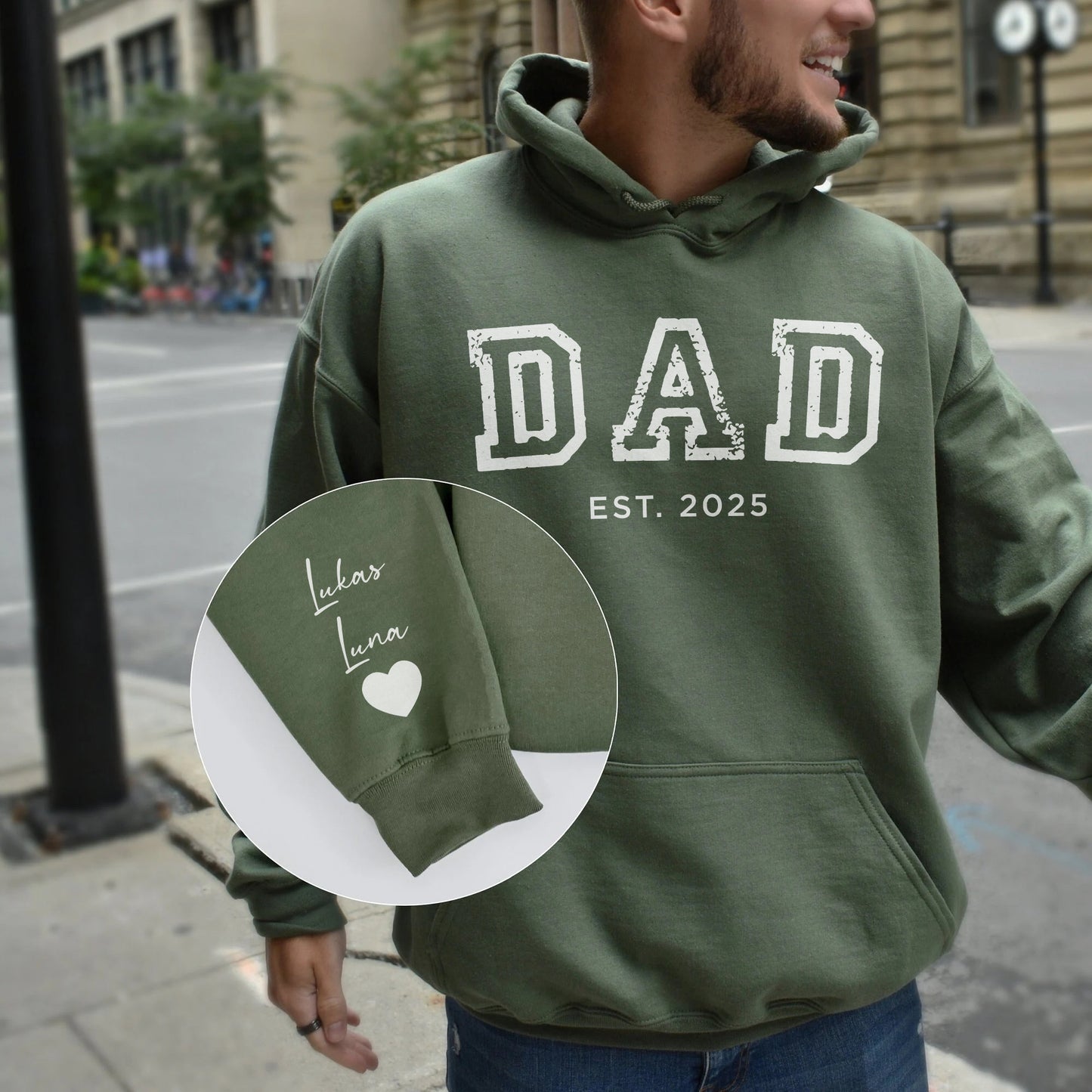 Personalisiertes Papa-Est-Sweatshirt und Hoodie mit Kindernamen auf dem Ärmel, Vatertagsgeschenk