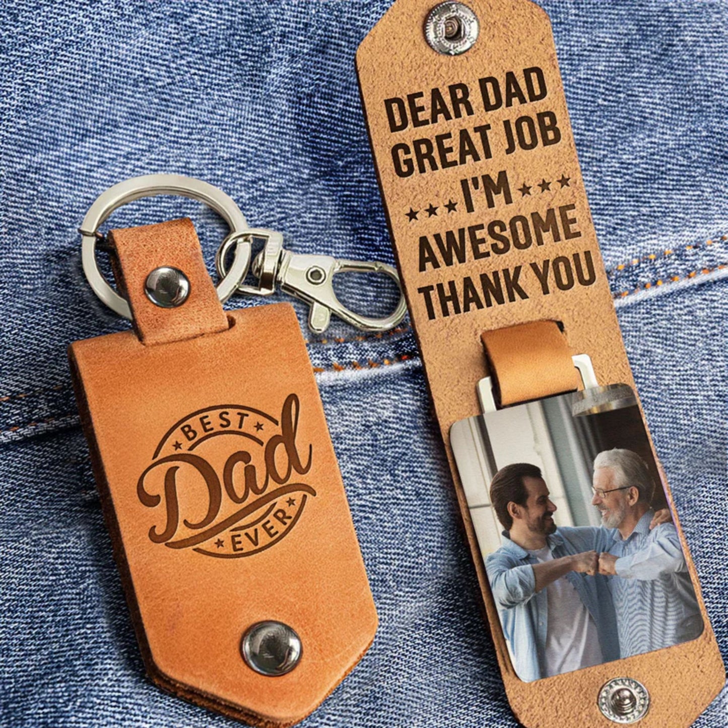 Lieber Papa großartige Arbeit, wir sind fantastisch - Personalisierter Leder Foto Schlüsselanhänger