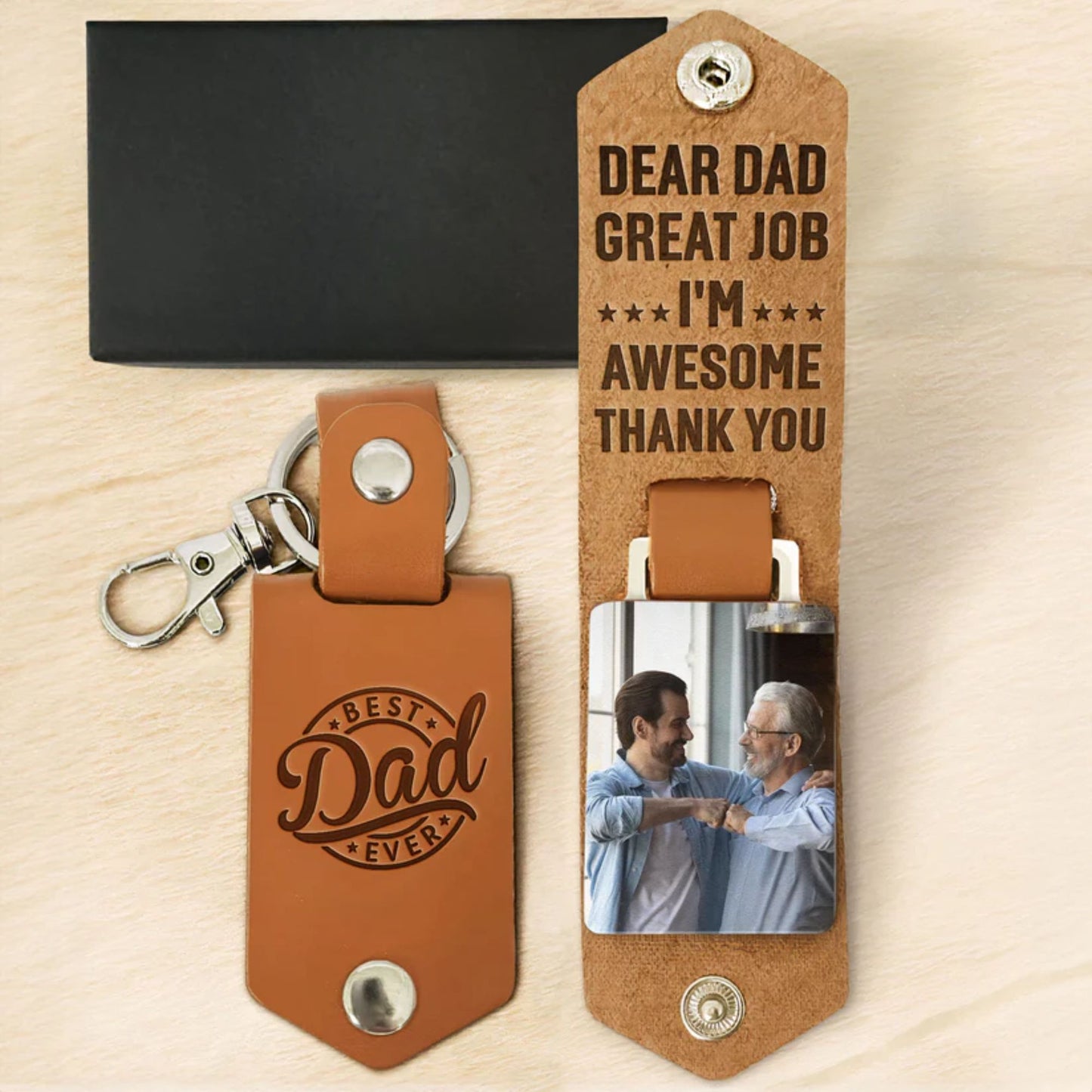 Lieber Papa großartige Arbeit, wir sind fantastisch - Personalisierter Leder Foto Schlüsselanhänger