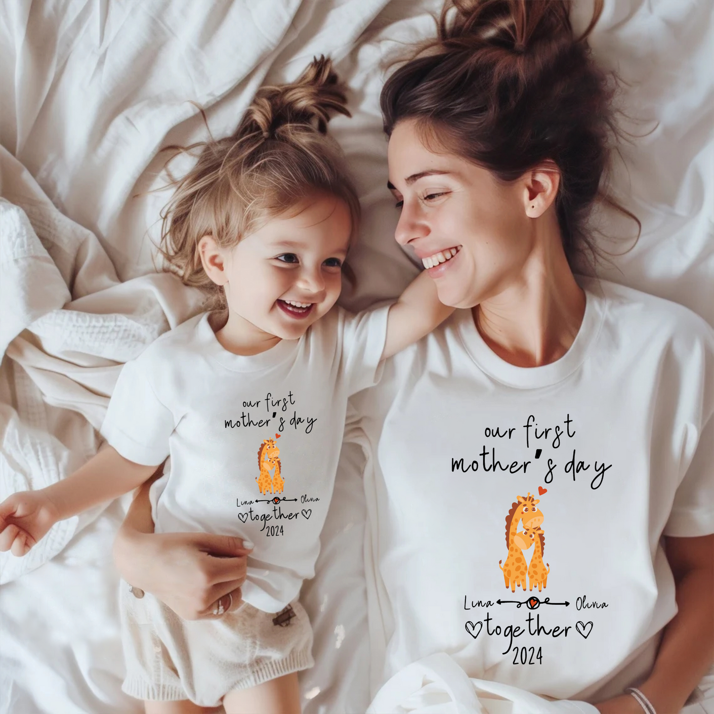 Unser Erster Muttertag Zusammen - Personalisiertes Giraffen-Shirt-Set für Mutter und Baby