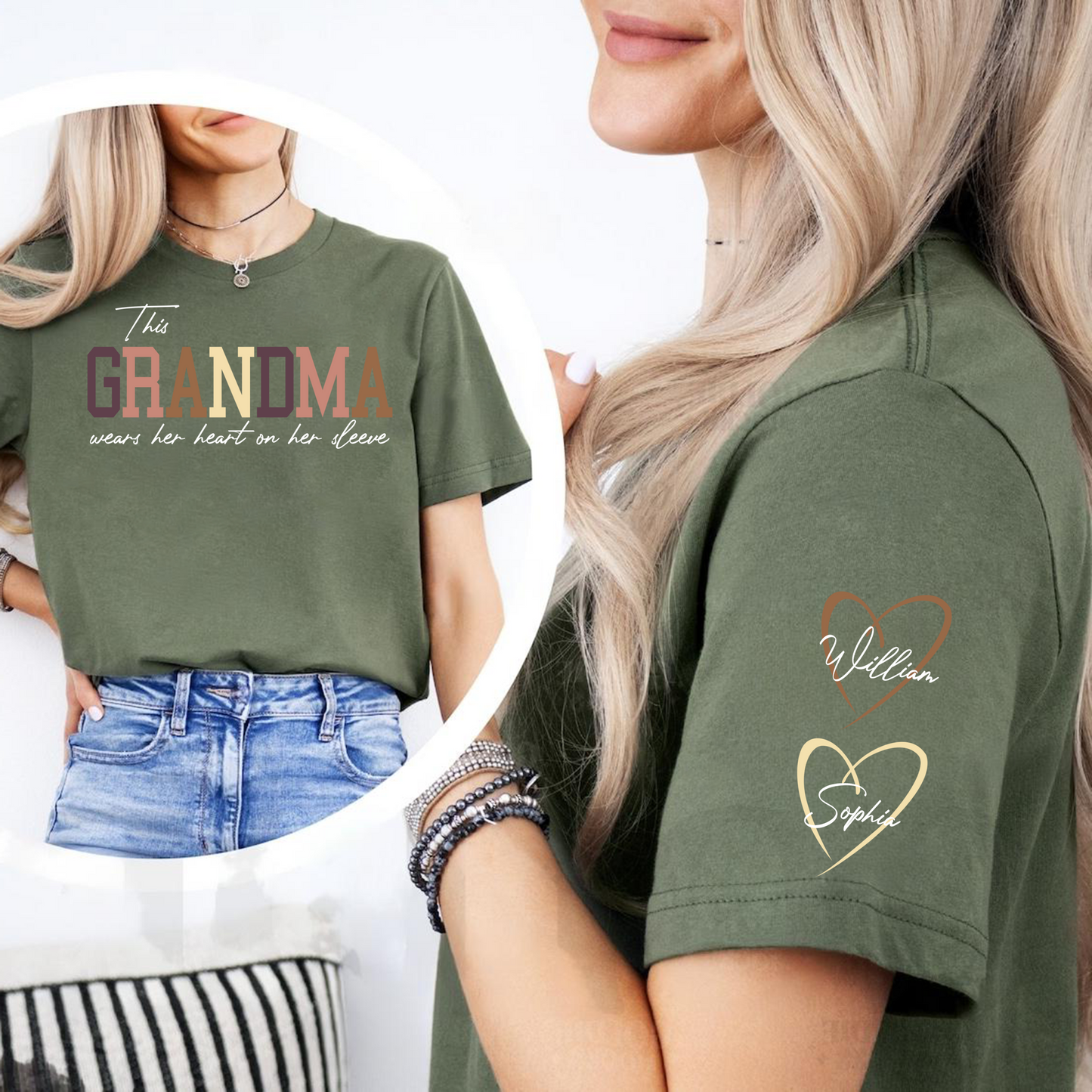 Custom 'Heart on Sleeve' Grandma Sweatshirt with Grandchildren's Names