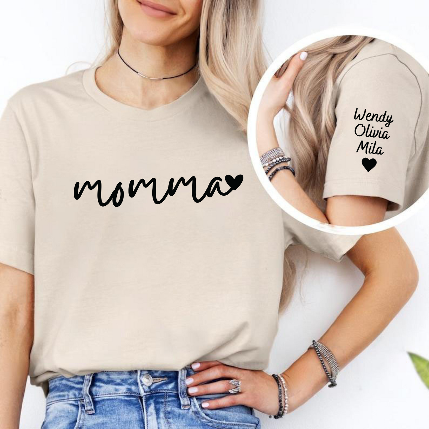 Personalisiertes Momma-Sweatshirt mit Kindernamen auf dem Ärmel – Geschenk für Mütter