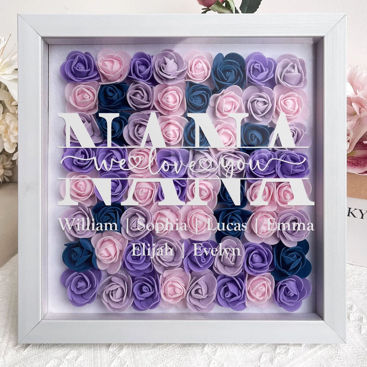 Mama, wir lieben dich – Personalisierte Blumen-Schattenbox