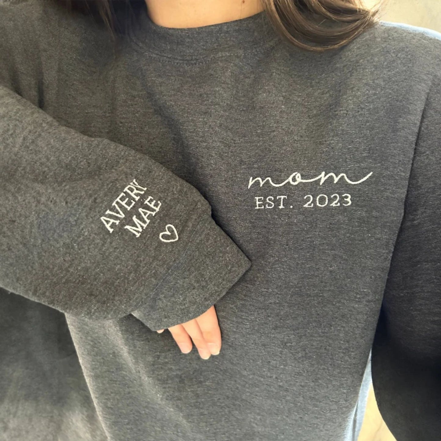 Personalized Embroidered Mom, Dad Crewneck with Kids Names On Sleeve