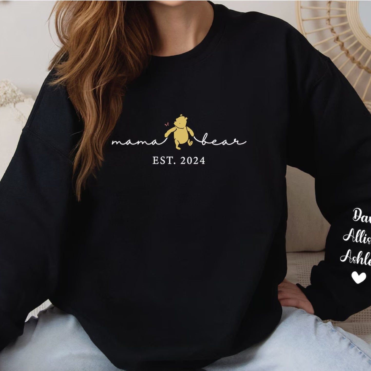 Personalized Mama Bear Sweatshirt with Kids Name on Sleeve
