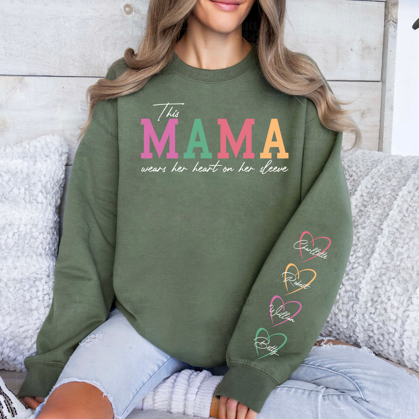 Custom 'Heart on Sleeve' Mama Sweatshirt with Names on Sleeves