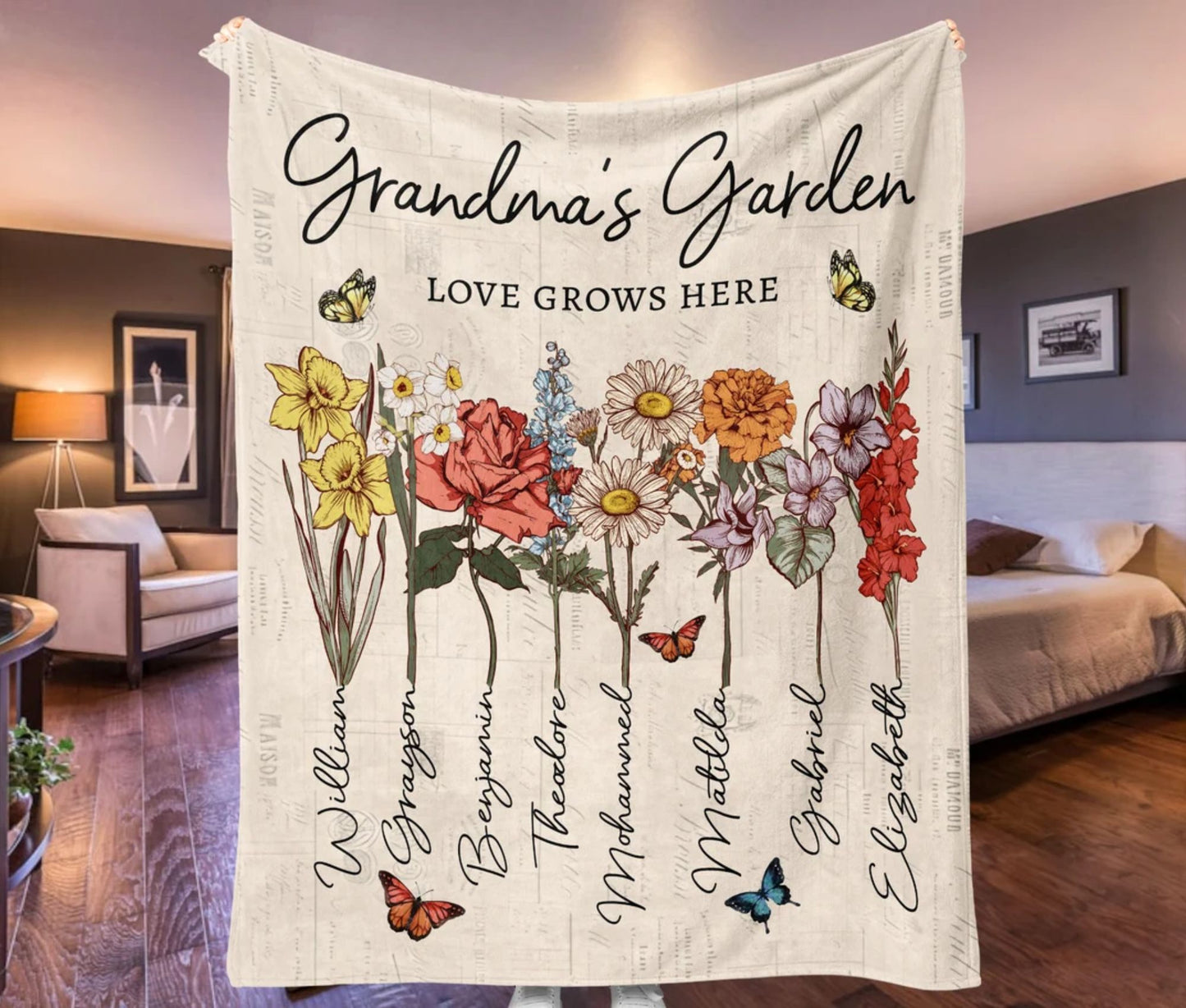 Personalisierte Omas Garten - Decke mit den Namen der Enkelkinder – Geschenk für Oma