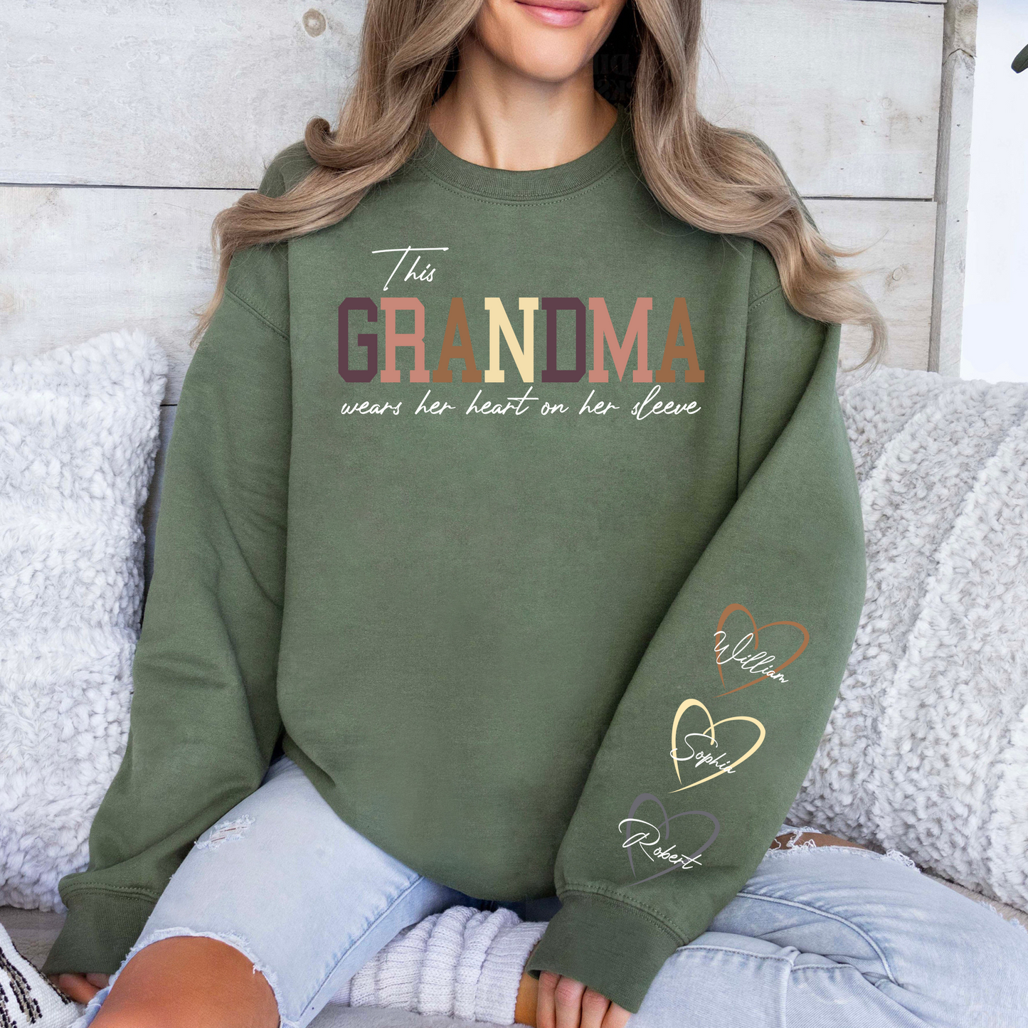 Custom 'Heart on Sleeve' Grandma Sweatshirt with Grandchildren's Names