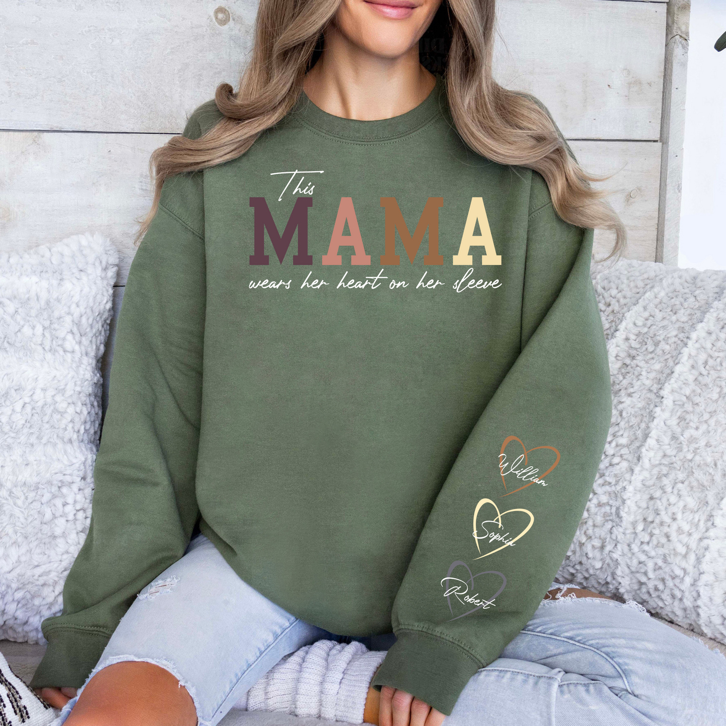 Custom 'Heart on Her Sleeve' Mama Sweatshirt with Children's Names on Sleeves