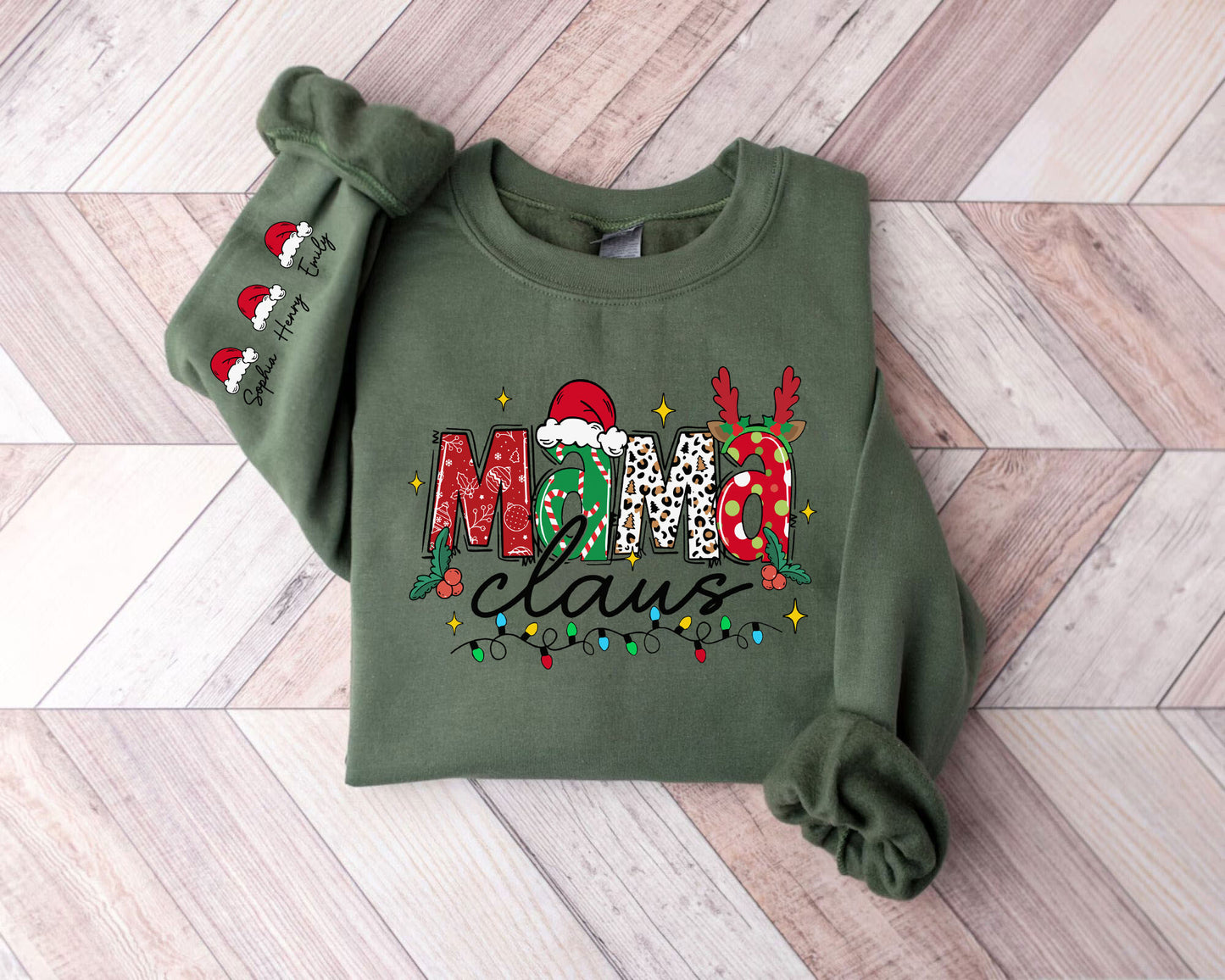 Personalisierter Mama Claus Sweatshirt mit Namen der Kinder auf dem Ärmel - Weihnachtsgeschenk für Mama