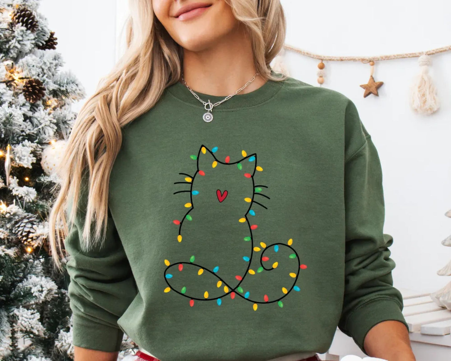Katzen-Weihnachtslichter-Sweatshirt, Weihnachtsgeschenk für Katzenmama