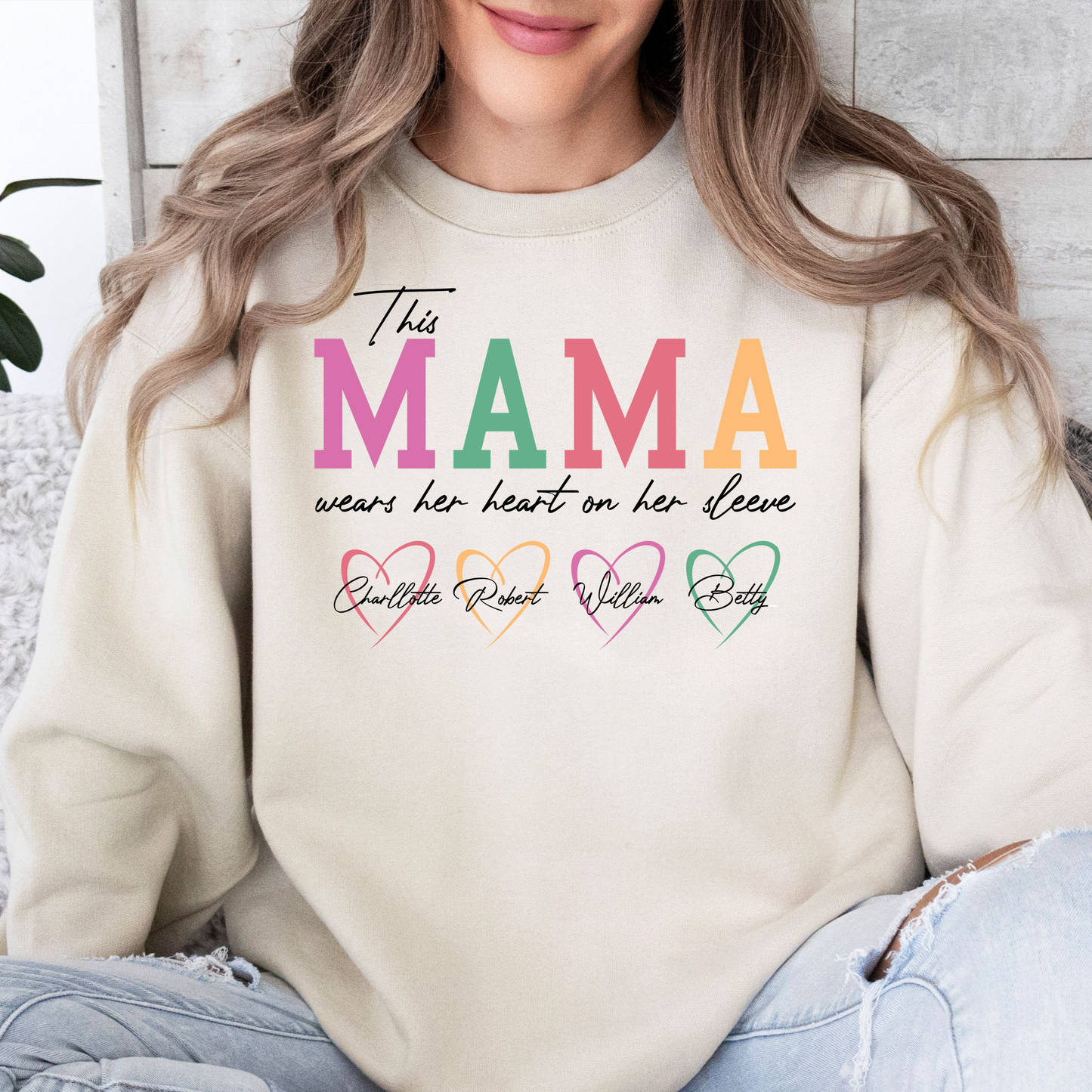 Custom 'Heart on Sleeve' Mama Sweatshirt with Kids' Names