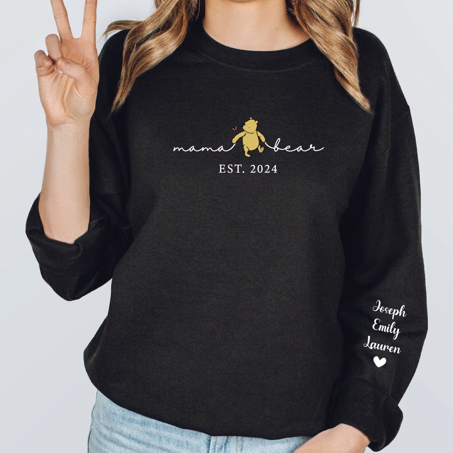 Personalized Mama Bear Sweatshirt with Kids Name on Sleeve