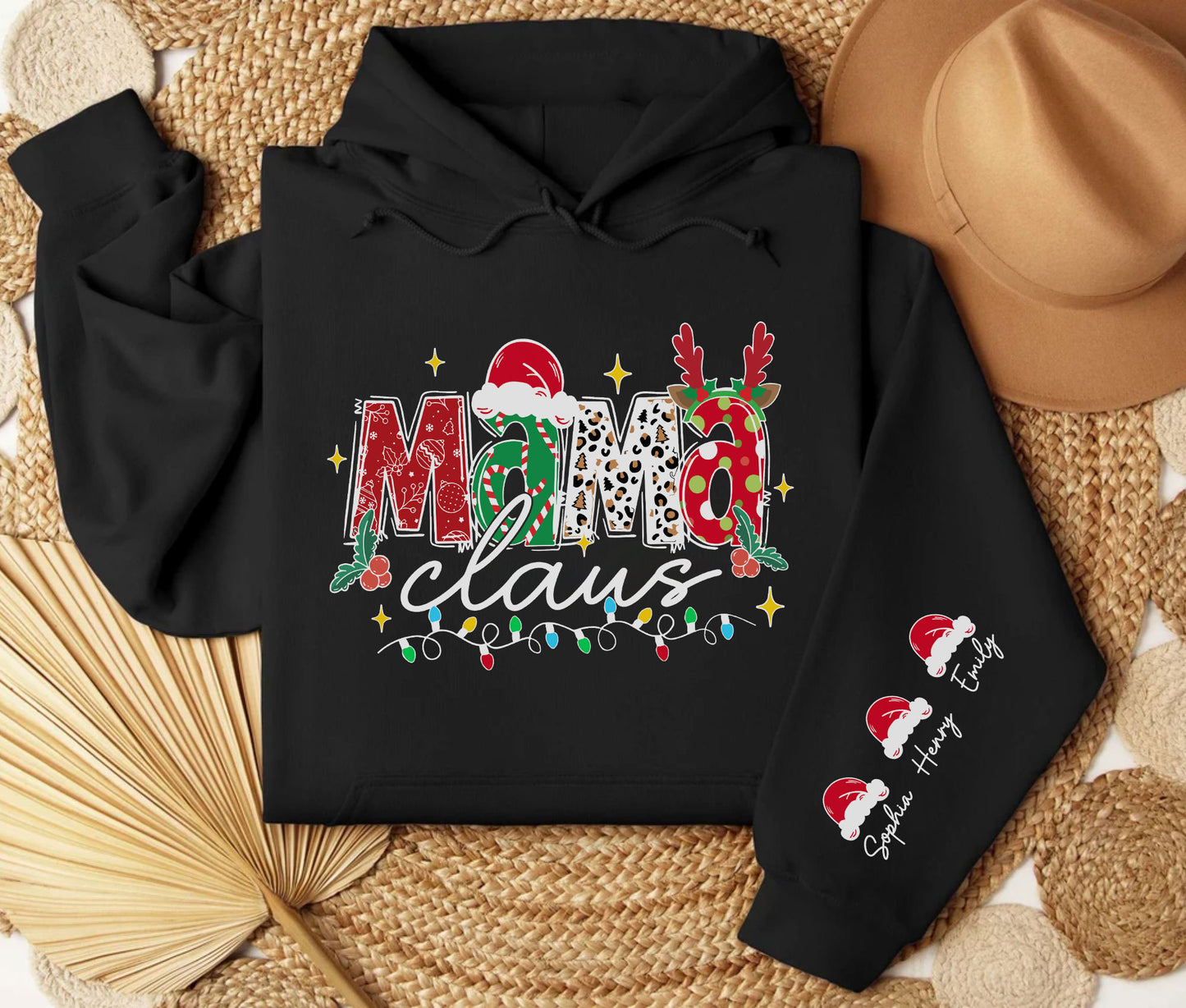 Personalisierter Mama Claus Sweatshirt mit Namen der Kinder auf dem Ärmel - Weihnachtsgeschenk für Mama