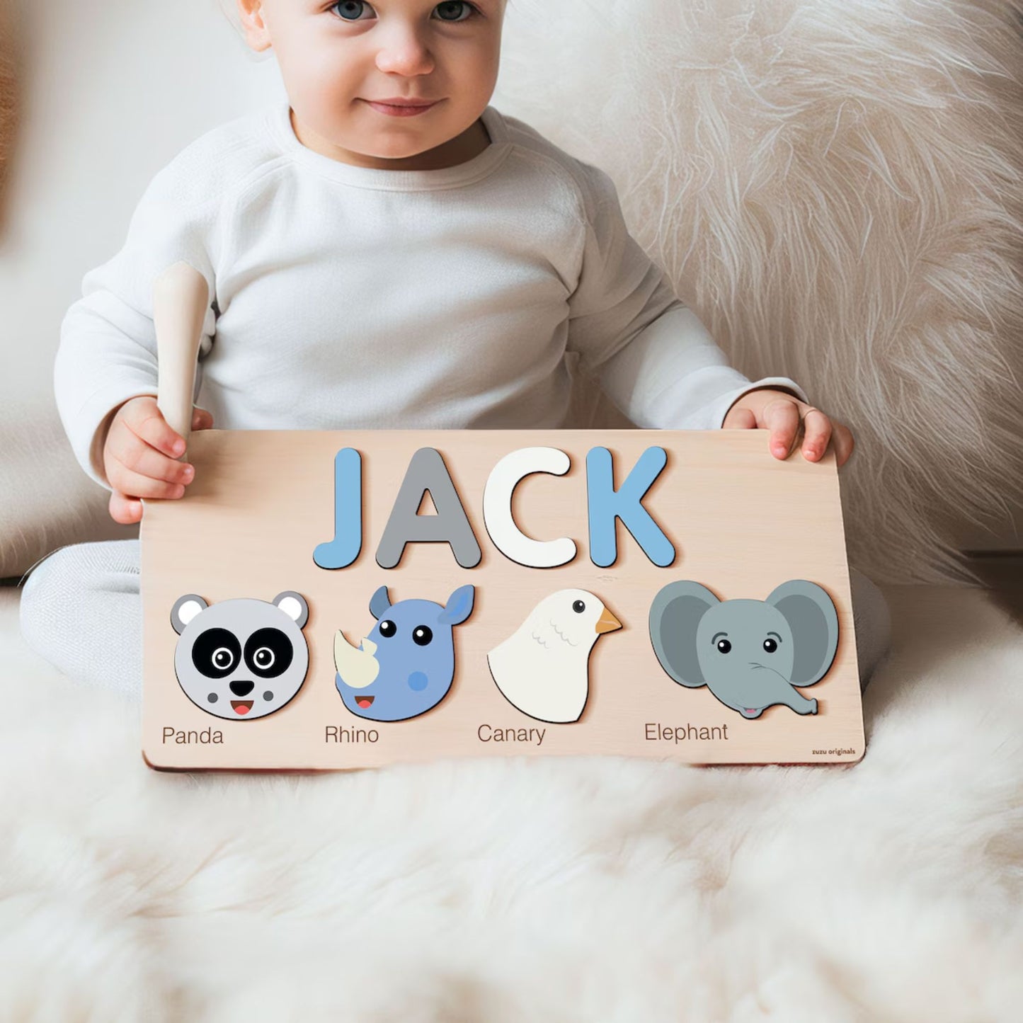 Individuelles handgefertigtes Namenspuzzle mit Tieren, Geschenk für Kinder