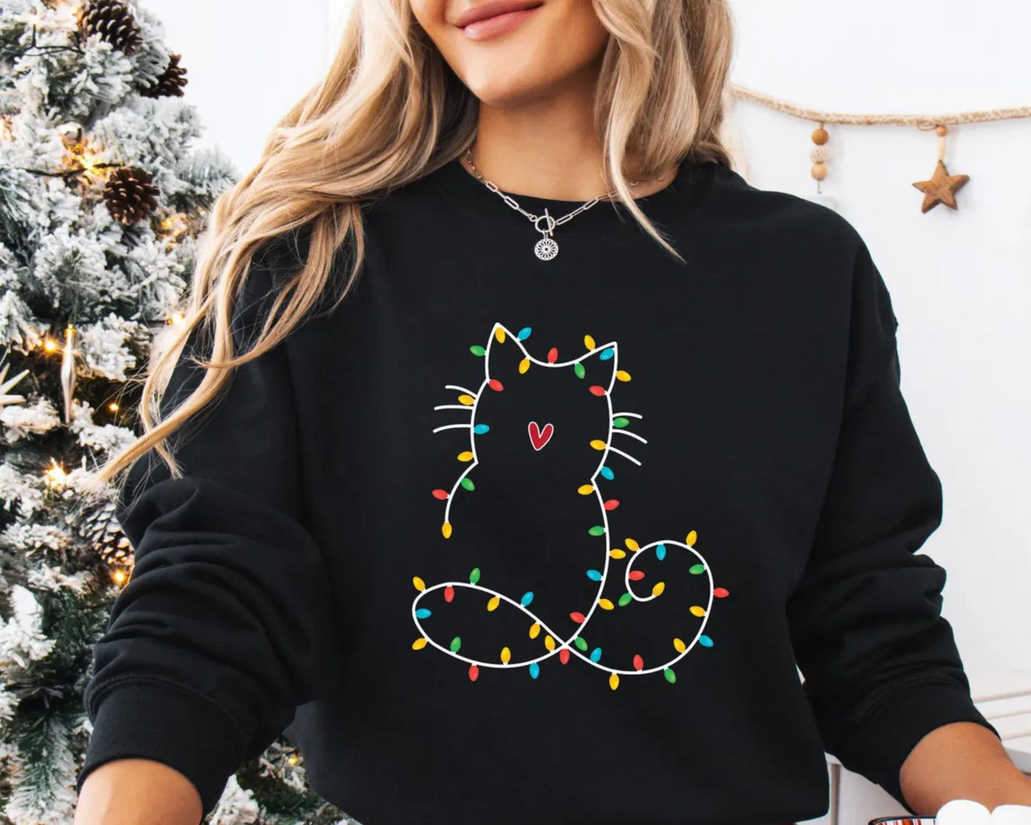 Katzen-Weihnachtslichter-Sweatshirt, Weihnachtsgeschenk für Katzenmama
