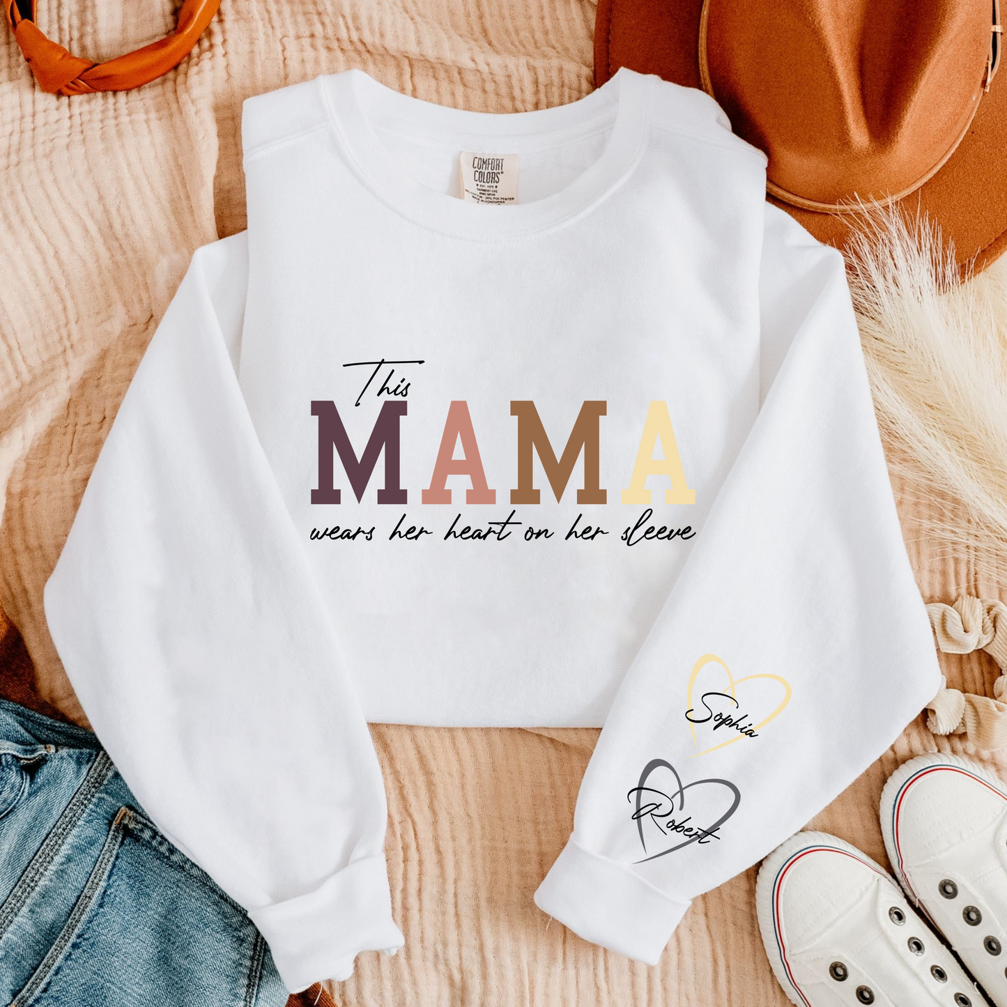 Custom 'Heart on Her Sleeve' Mama Sweatshirt with Children's Names on Sleeves