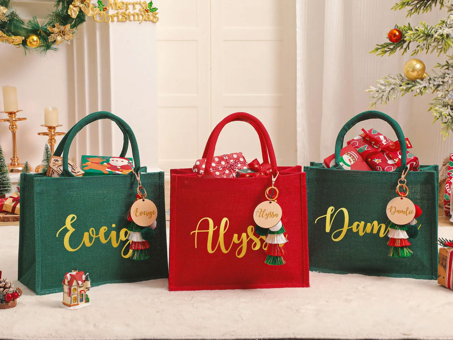 Personalisierter roter Jutebeutel â Weihnachts-Geschenkbeutel mit Namen
