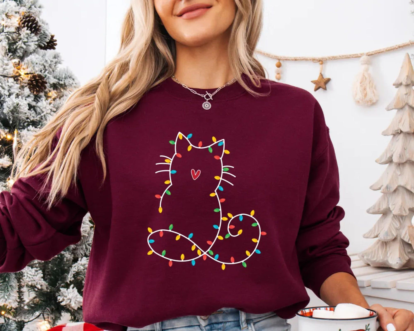 Katzen-Weihnachtslichter-Sweatshirt, Weihnachtsgeschenk für Katzenmama