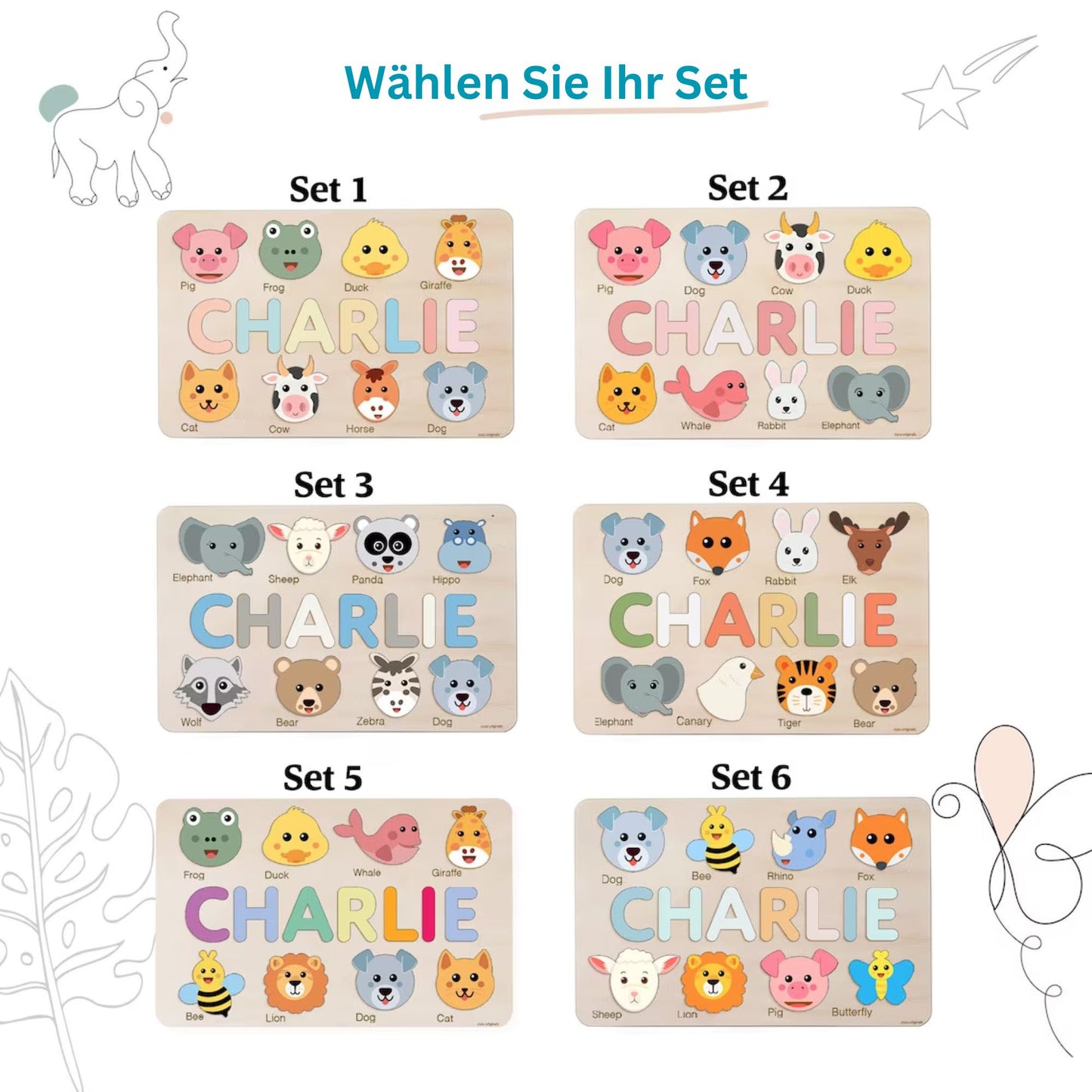 Individuelles handgefertigtes Namenspuzzle mit Tieren, Geschenk für Kinder