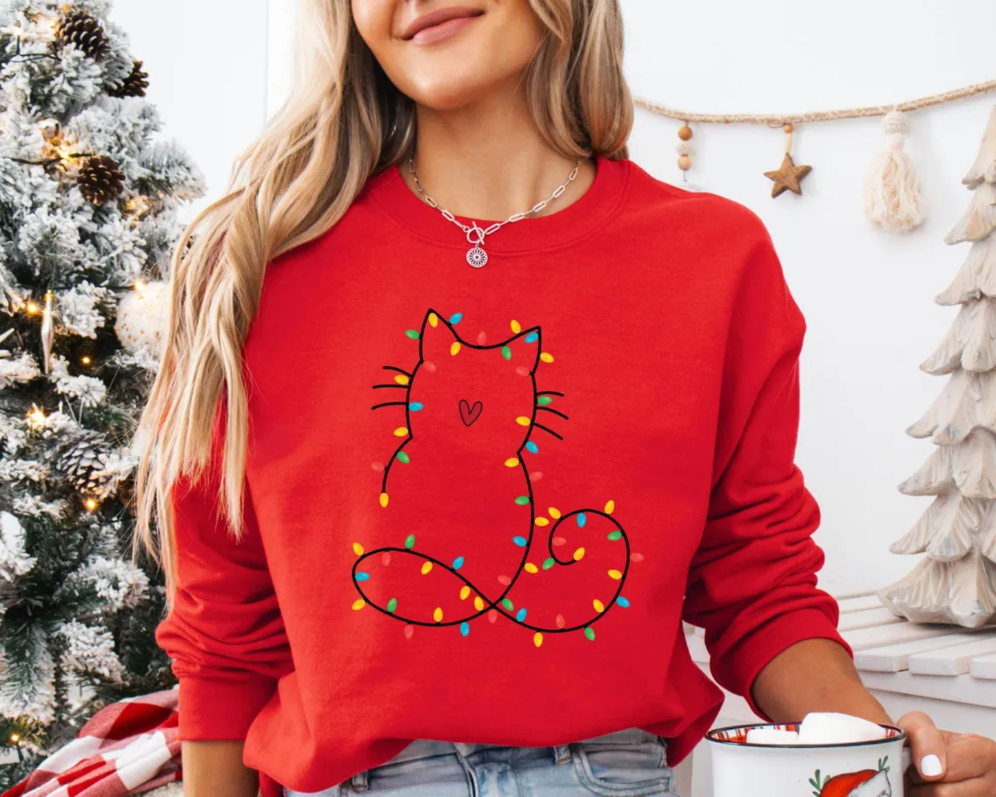 Katzen-Weihnachtslichter-Sweatshirt, Weihnachtsgeschenk für Katzenmama