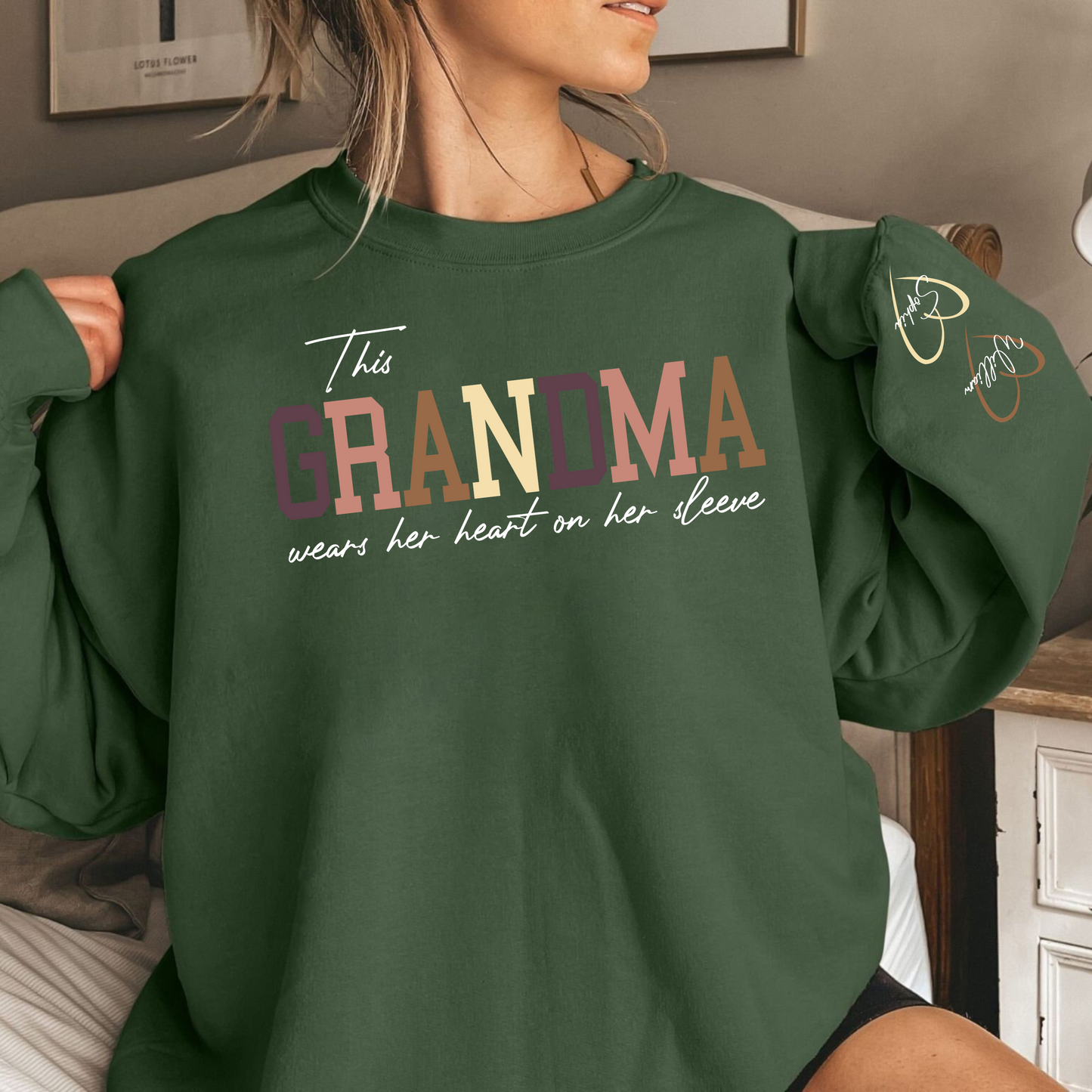 Custom 'Heart on Sleeve' Grandma Sweatshirt with Grandchildren's Names