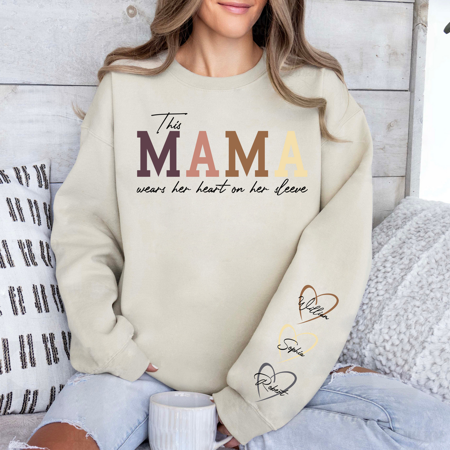 Custom 'Heart on Her Sleeve' Mama Sweatshirt with Children's Names on Sleeves