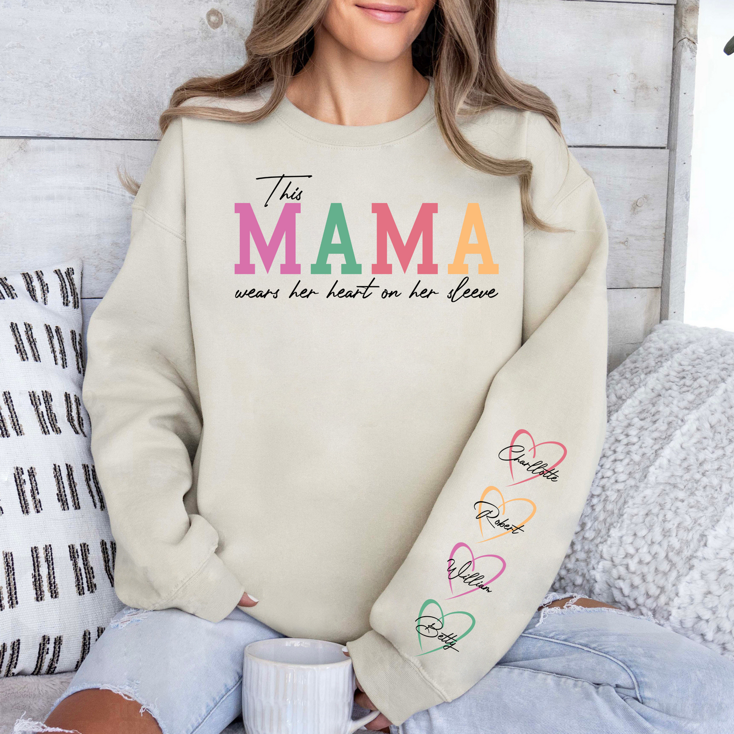 Custom 'Heart on Sleeve' Mama Sweatshirt with Names on Sleeves