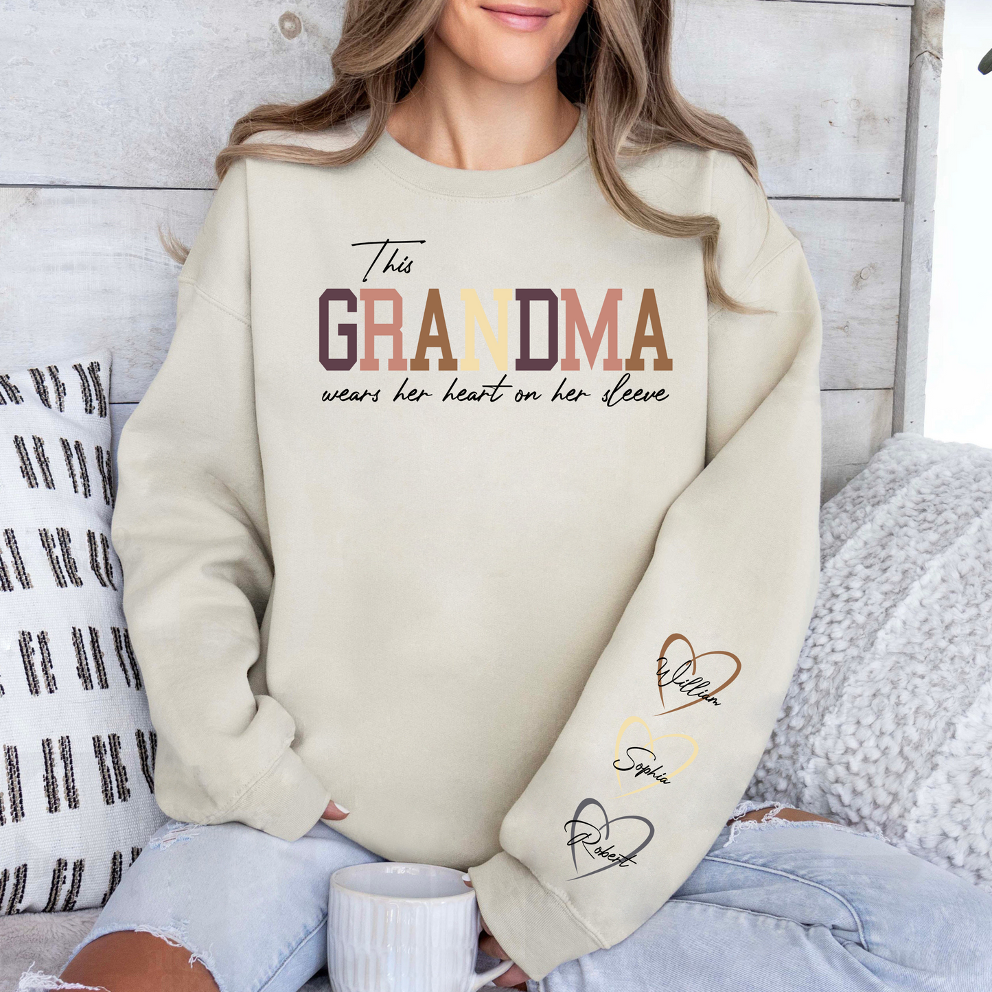 Custom 'Heart on Sleeve' Grandma Sweatshirt with Grandchildren's Names