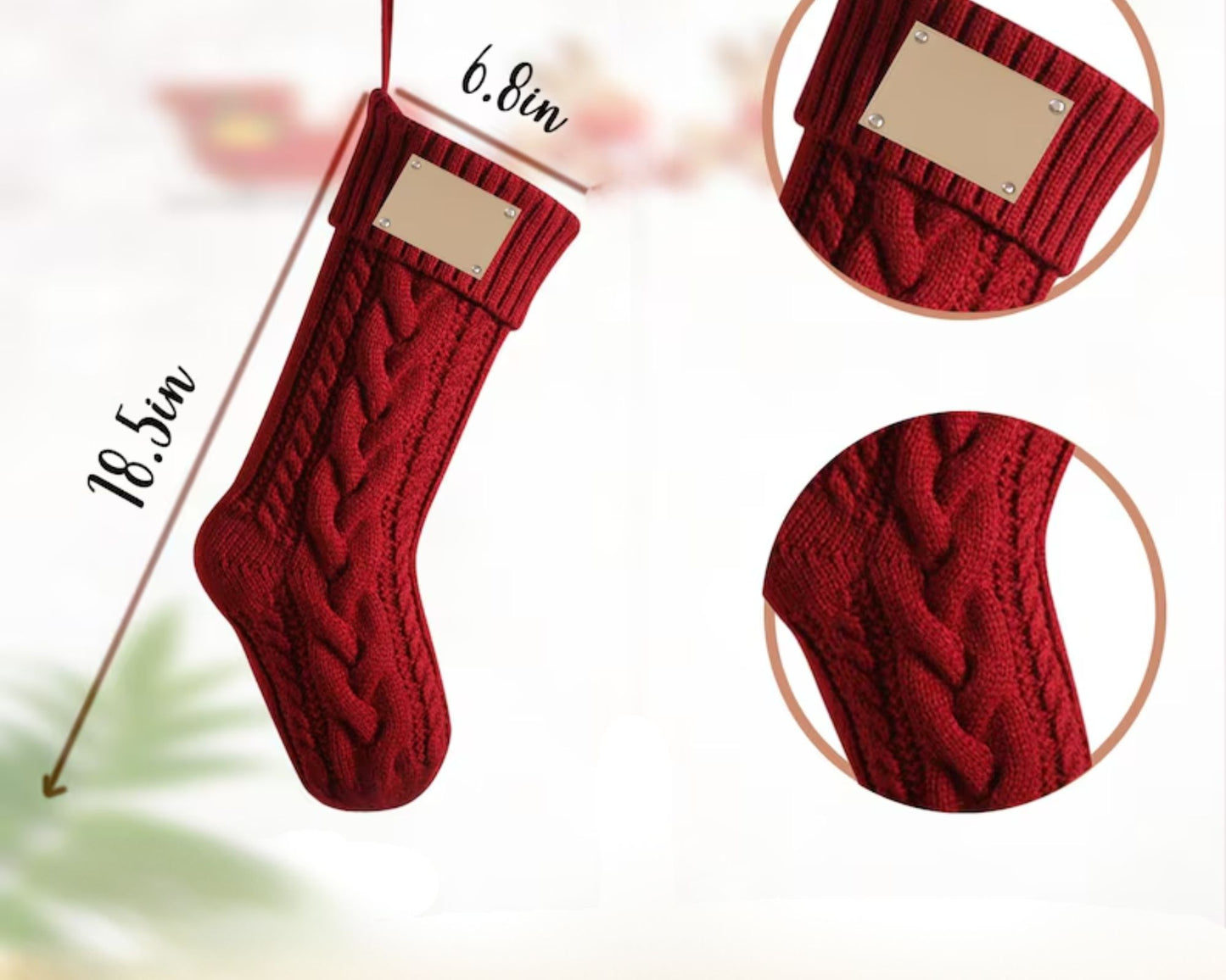 Individuelle gestrickte Weihnachtsstrümpfe, personalisierte Strümpfe mit Lederaufnäher