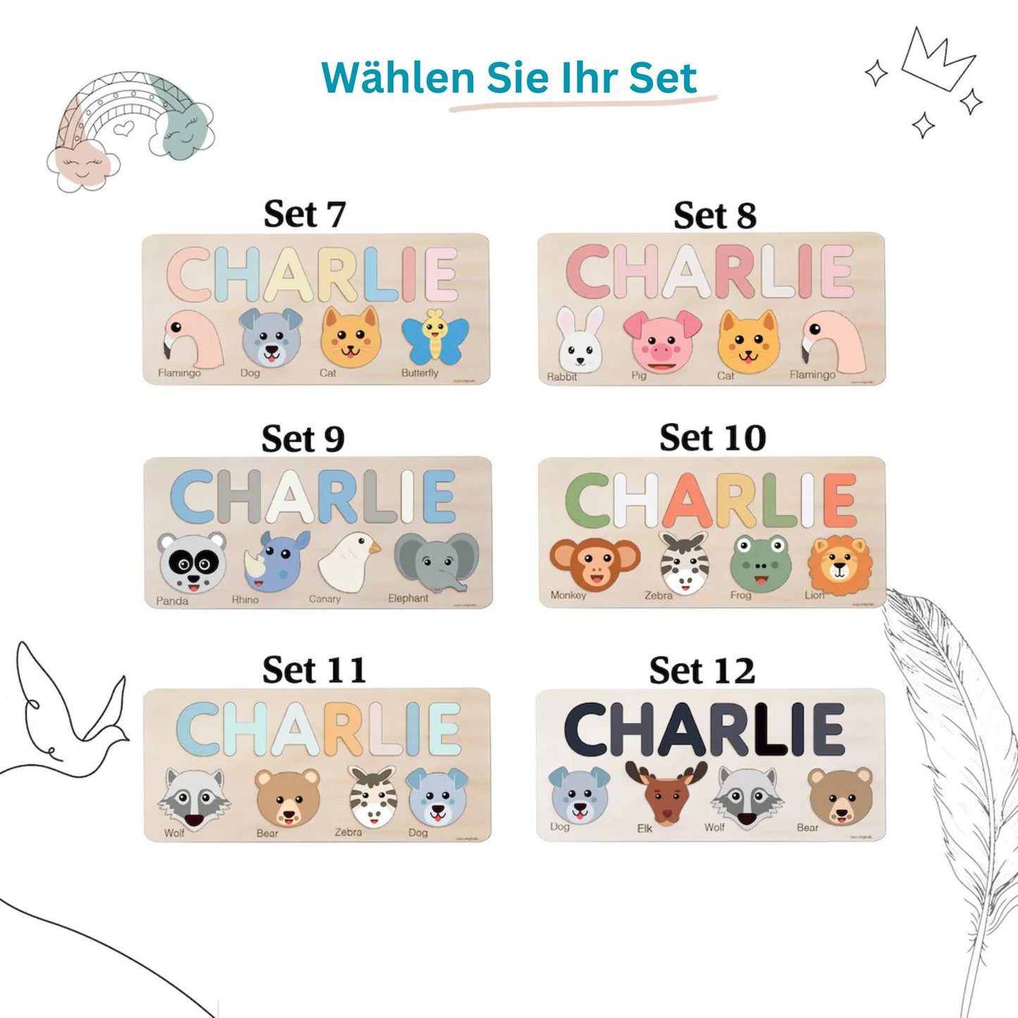 Individuelles handgefertigtes Namenspuzzle mit Tieren, Geschenk für Kinder