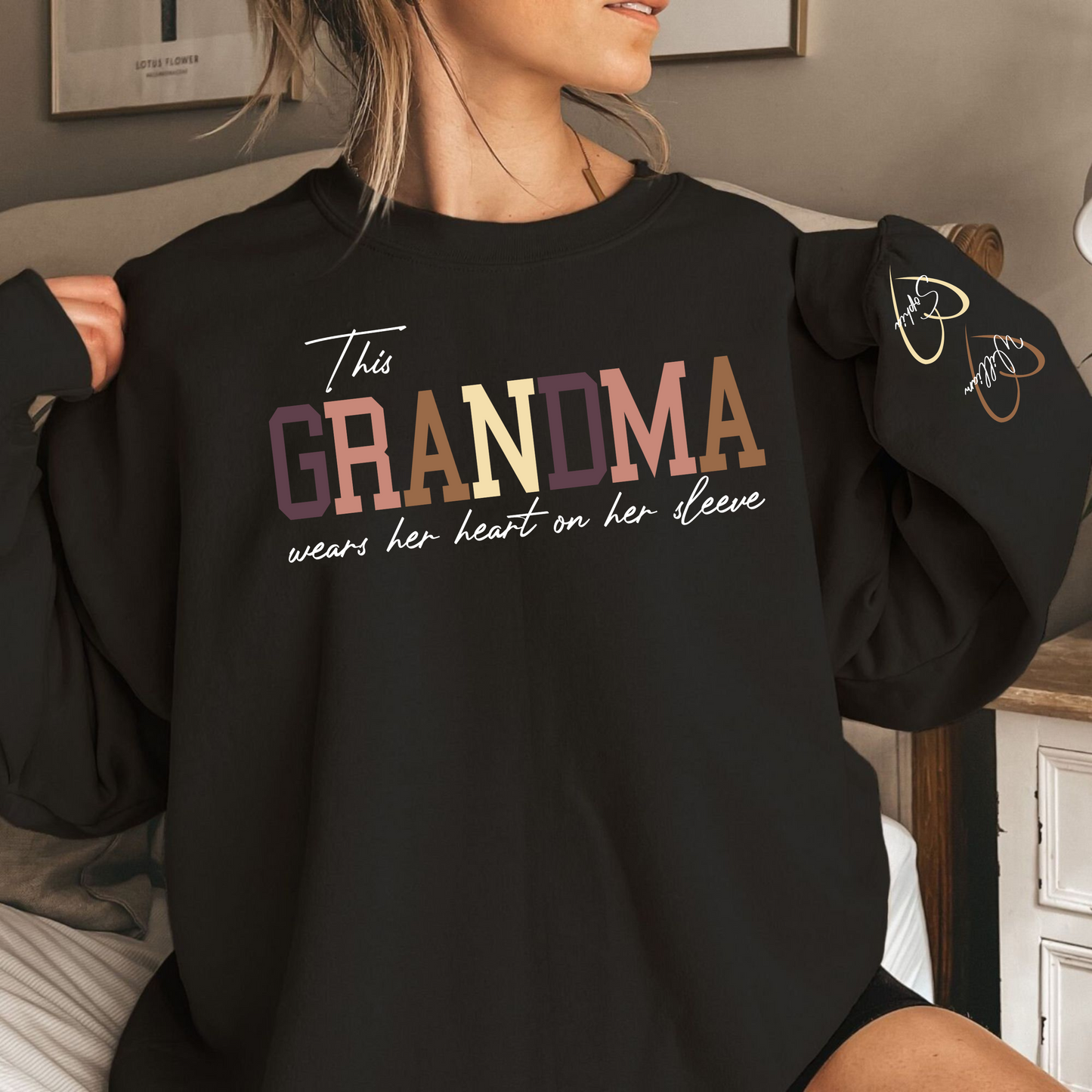 Custom 'Heart on Sleeve' Grandma Sweatshirt with Grandchildren's Names