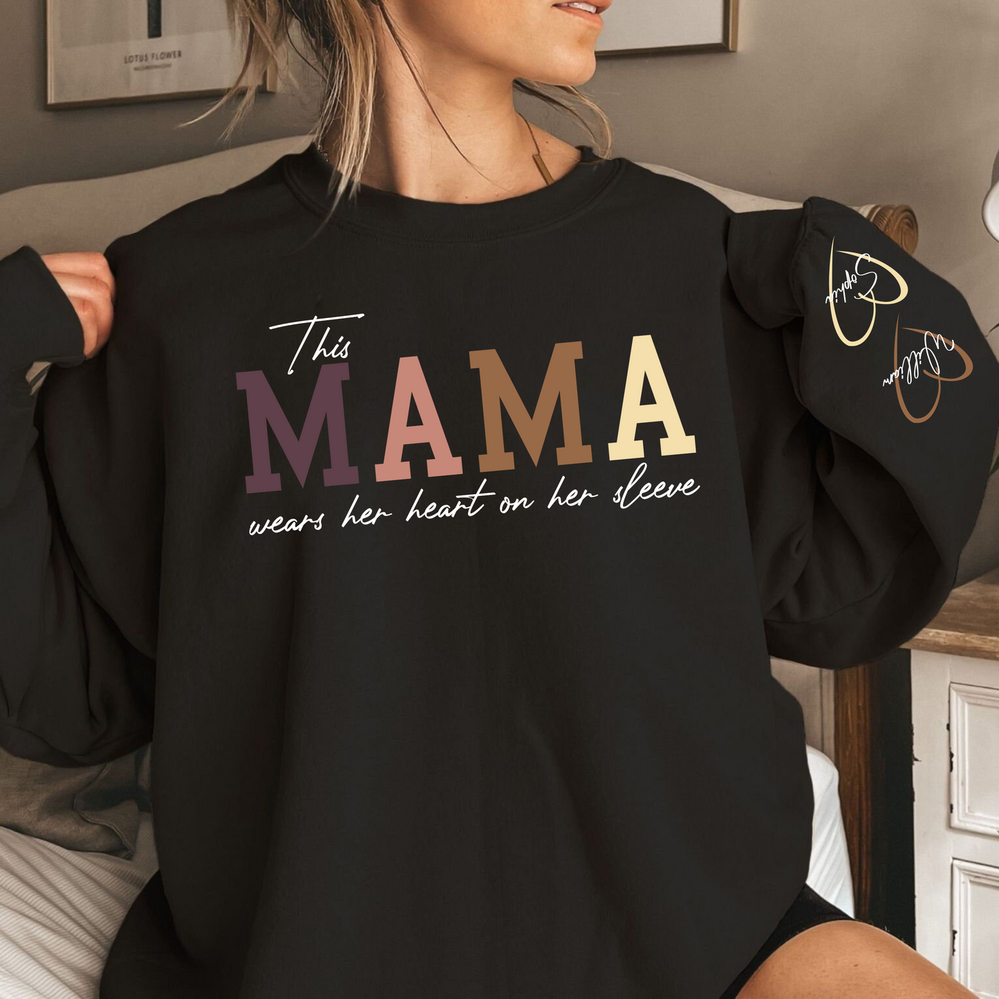 Custom 'Heart on Her Sleeve' Mama Sweatshirt with Children's Names on Sleeves