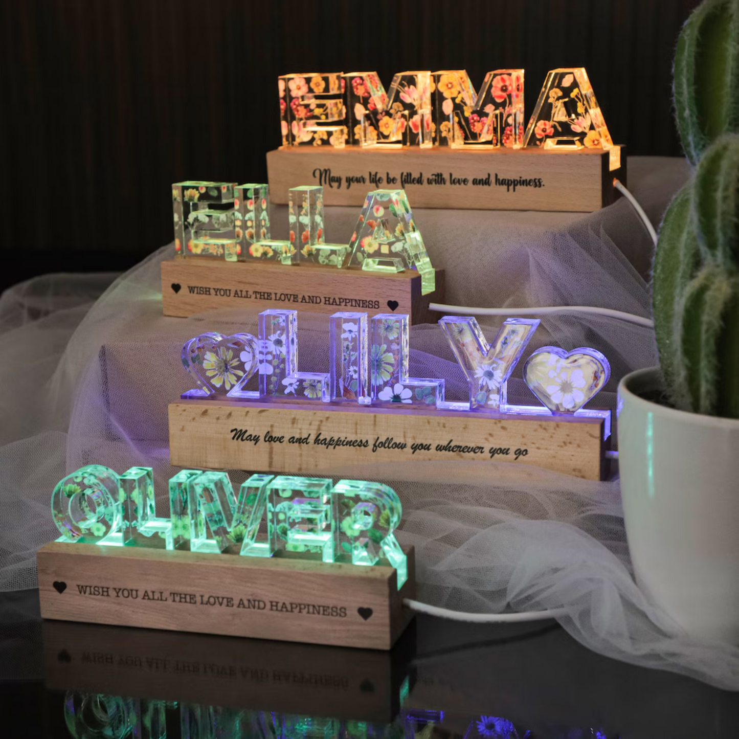 Nachtlicht mit individuellem Namen, personalisiertes Blumen-Nachtlicht-Geschenk