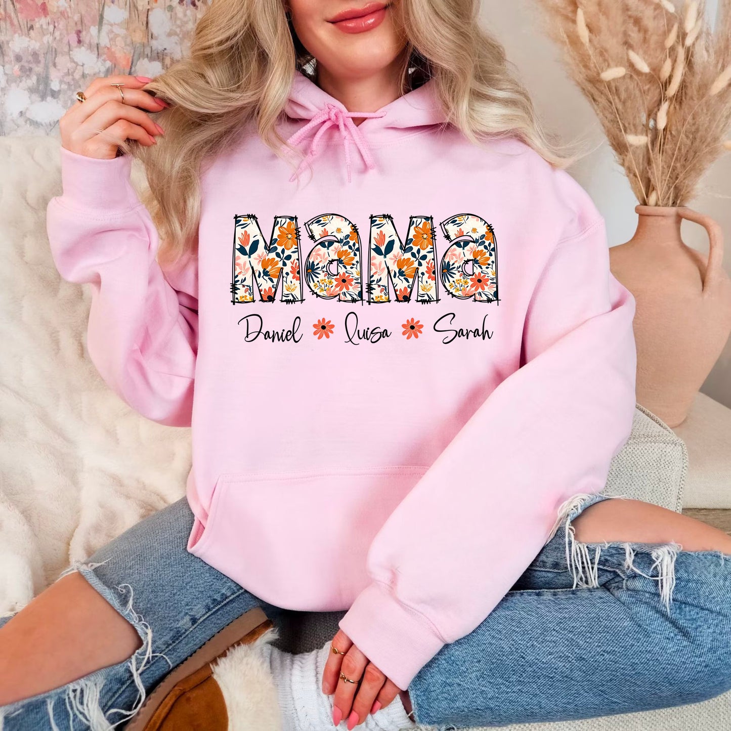 Personalisiertes Blumen-Mama-Shirt mit Kindernamen, Individuelles Mama-Sweatshirt