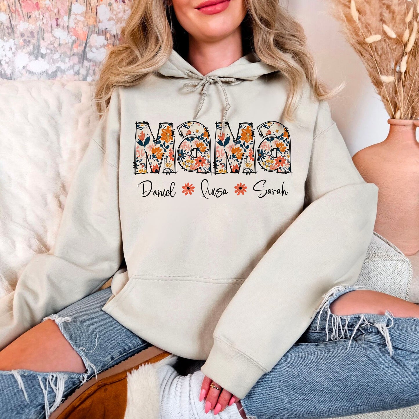 Personalisiertes Blumen-Mama-Shirt mit Kindernamen, Individuelles Mama-Sweatshirt