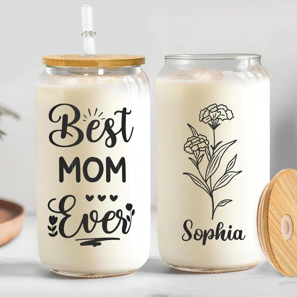 Beste Mama aller Zeiten individuelle Geburtsblume mit Namen - Personalisiertes klares Glasdöschen - GiftHaus