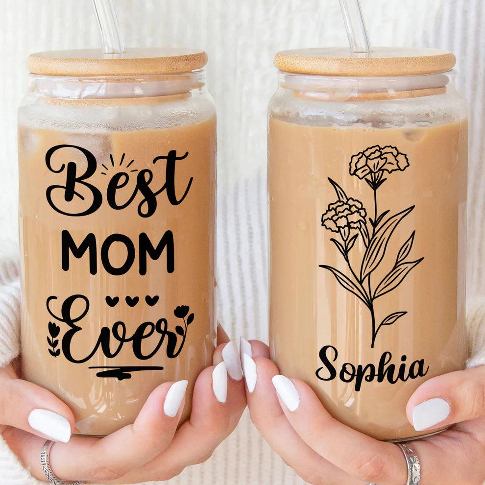 Beste Mama aller Zeiten individuelle Geburtsblume mit Namen - Personalisiertes klares Glasdöschen - GiftHaus