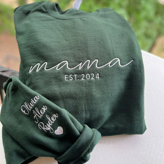 Besticktes Mama-Sweatshirt mit Datum und Kindernamen auf dem Ärmel, personalisiertes besticktes Mama-Sweatshirt