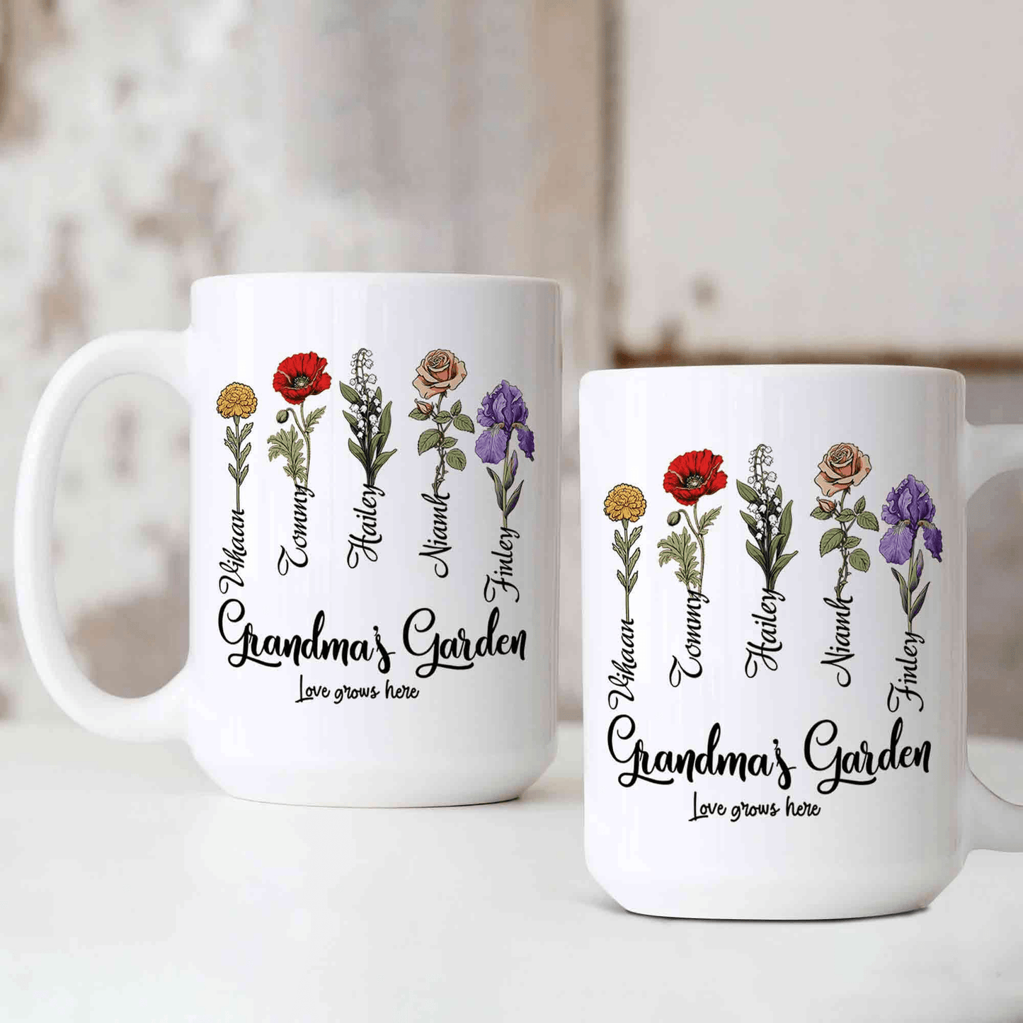 Individueller Geburtsblumen-Becher - Omas Garten mit Namen der Enkelkinder - GiftHaus